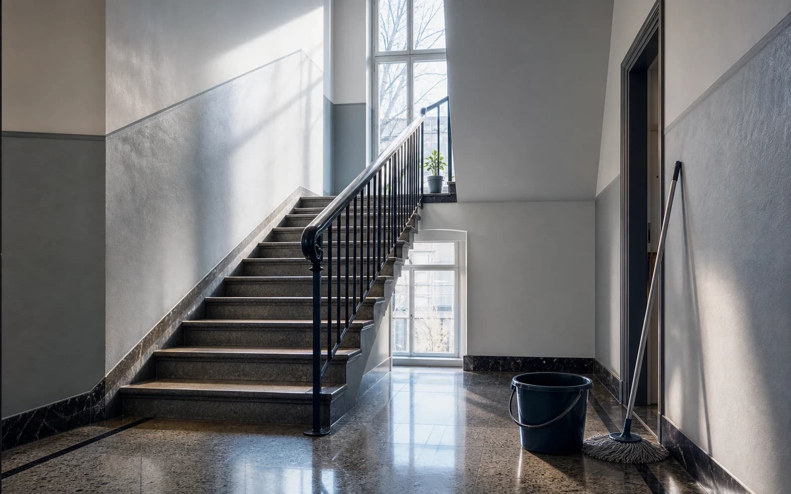 Gepflegtes Treppenhaus in Bonn als Beispiel für Treppenhausreinigung
